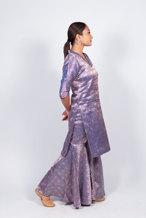 Purple Pure Katan Silk Brocade Kurta with Sharara