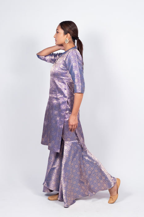 Purple Pure Katan Silk Brocade Kurta with Sharara