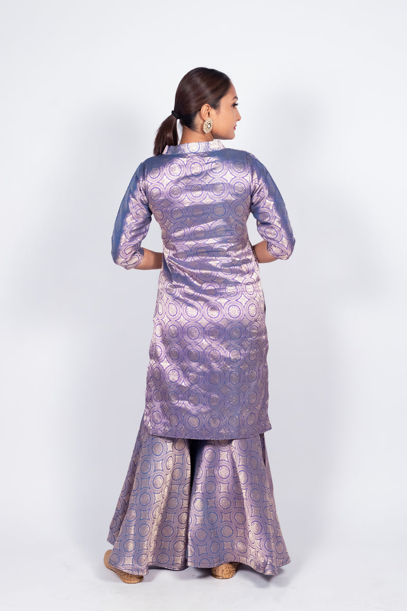 Purple Pure Katan Silk Brocade Kurta with Sharara - The Handlooms