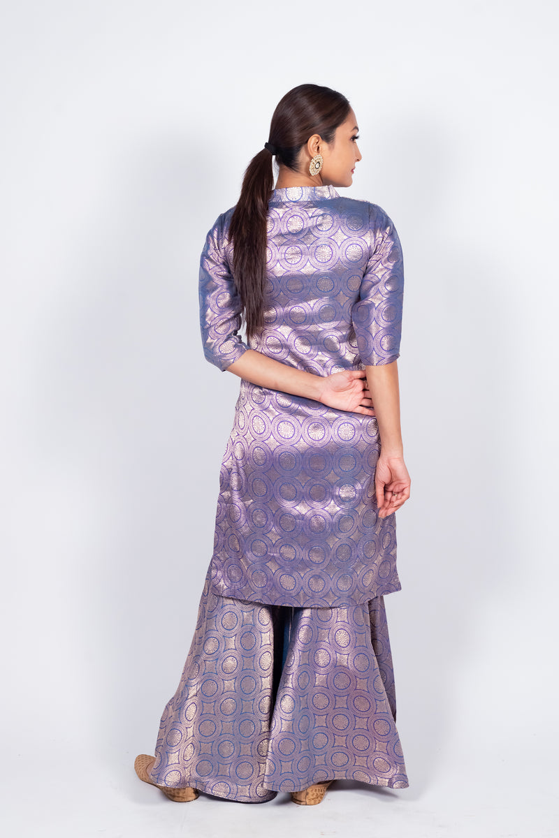 Purple Pure Katan Silk Brocade Kurta with Sharara - The Handlooms