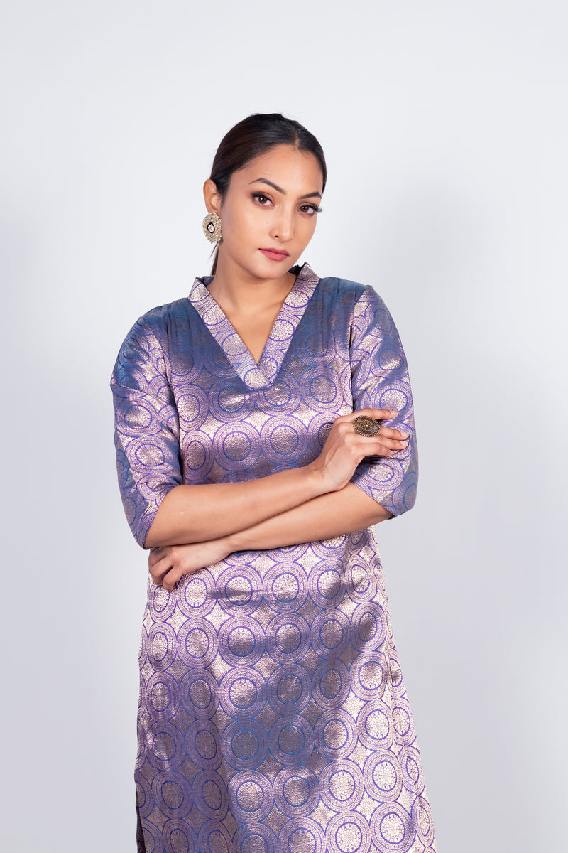 Purple Pure Katan Silk Brocade Kurta with Sharara - The Handlooms