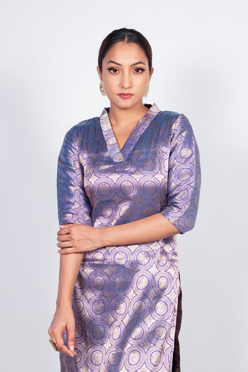 Purple Pure Katan Silk Brocade Kurta with Sharara - The Handlooms