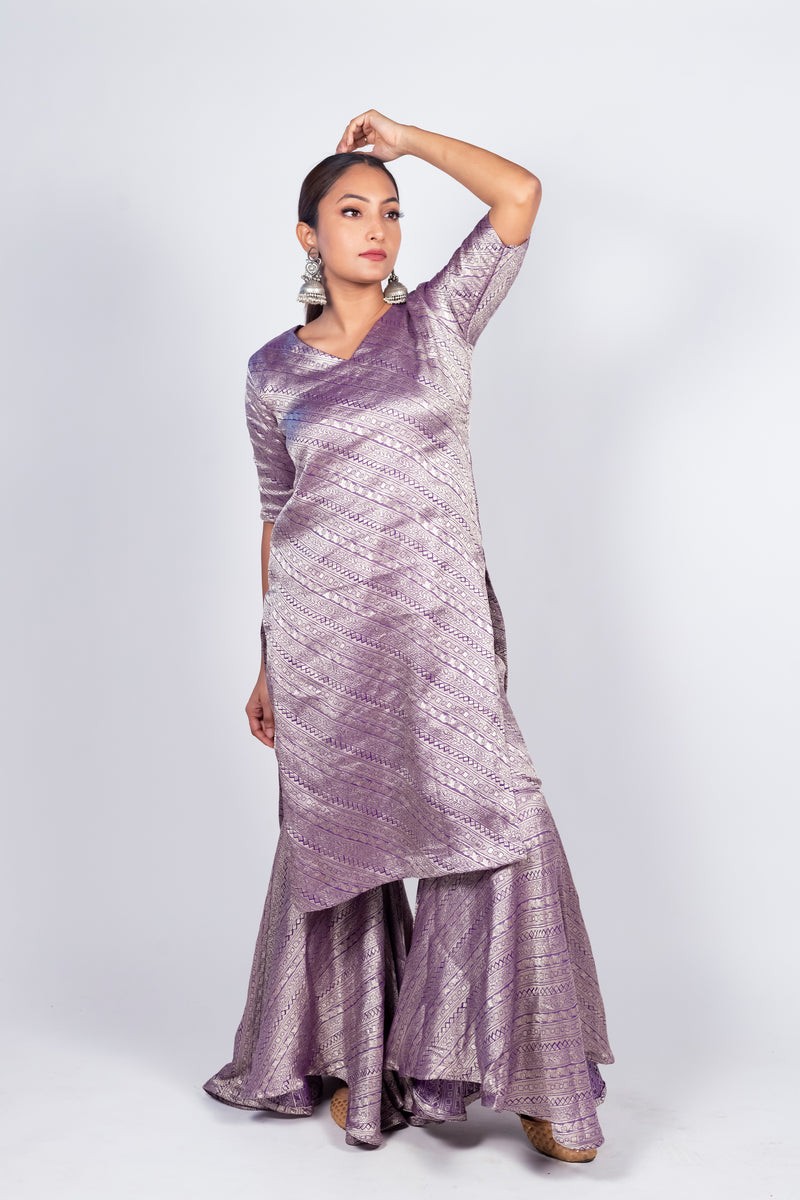 Purple Pure Khaddi Georgette Brocade Kurta with Sharara - The Handlooms