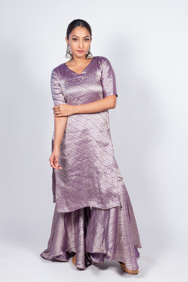 Purple Pure Khaddi Georgette Brocade Kurta with Sharara - The Handlooms