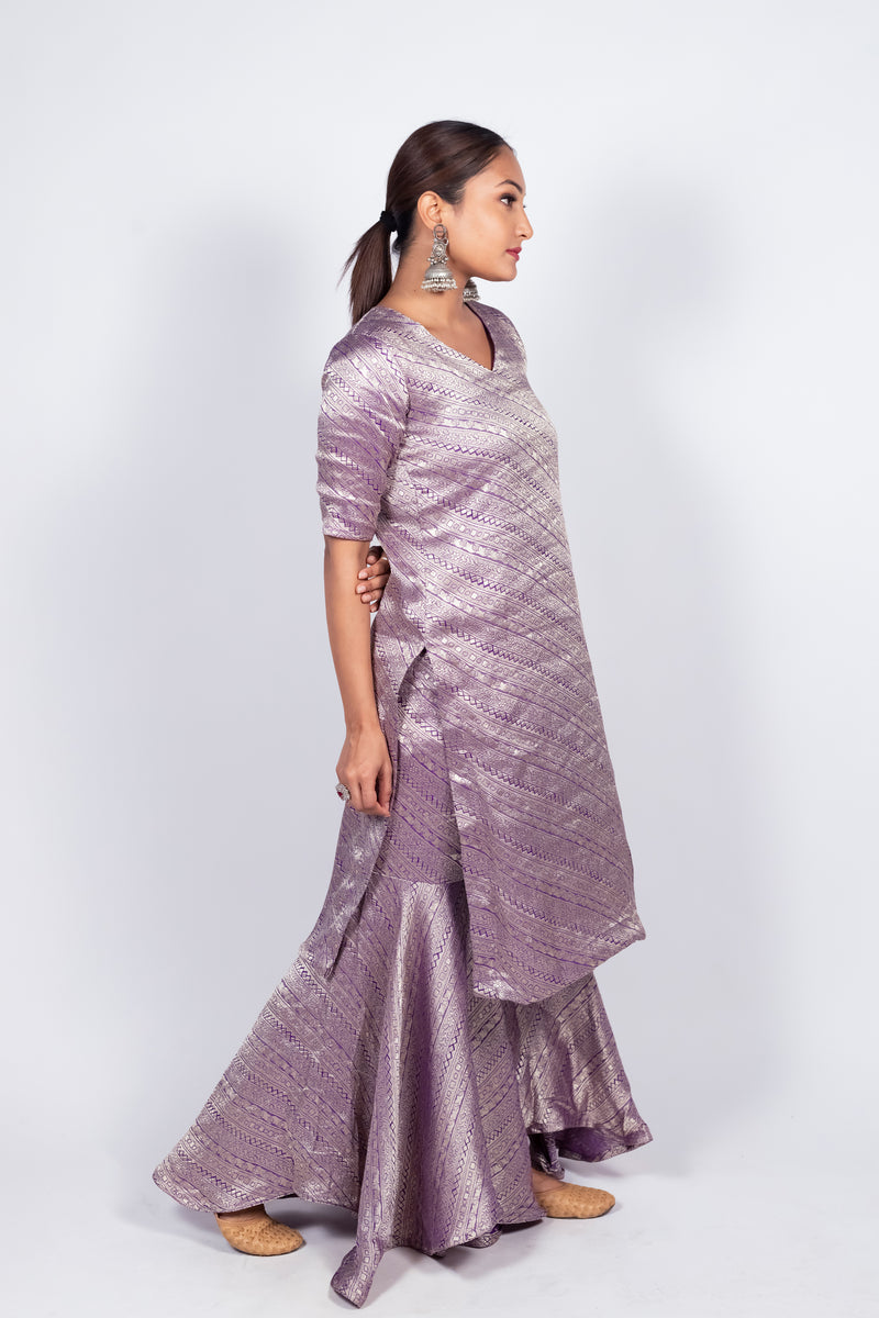 Purple Pure Khaddi Georgette Brocade Kurta with Sharara - The Handlooms