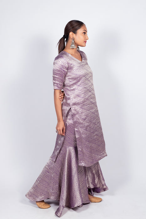 Purple Pure Khaddi Georgette Brocade Kurta with Sharara