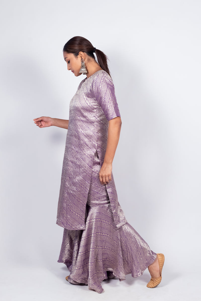 Purple Pure Khaddi Georgette Brocade Kurta with Sharara - The Handlooms