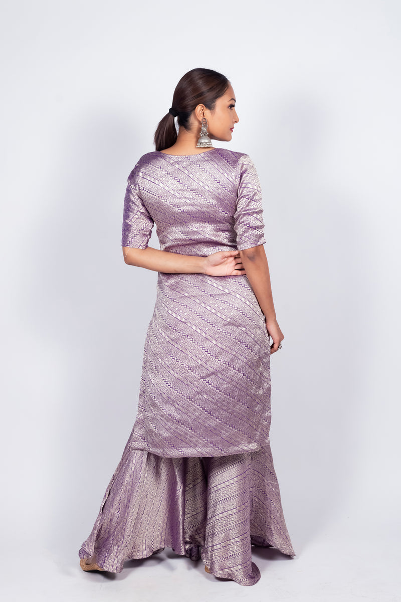 Purple Pure Khaddi Georgette Brocade Kurta with Sharara - The Handlooms