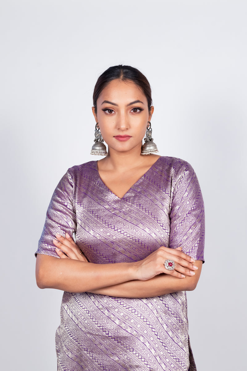 Purple Pure Khaddi Georgette Brocade Kurta with Sharara - The Handlooms