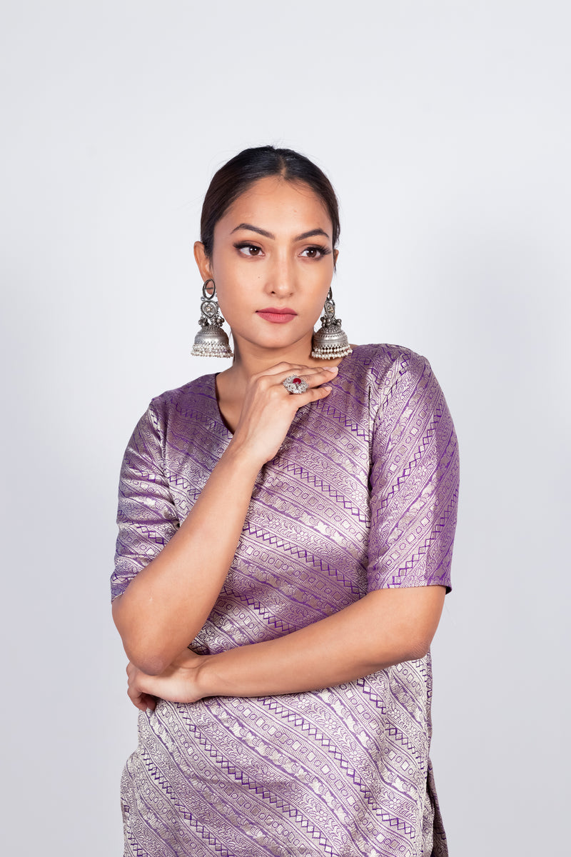 Purple Pure Khaddi Georgette Brocade Kurta with Sharara - The Handlooms