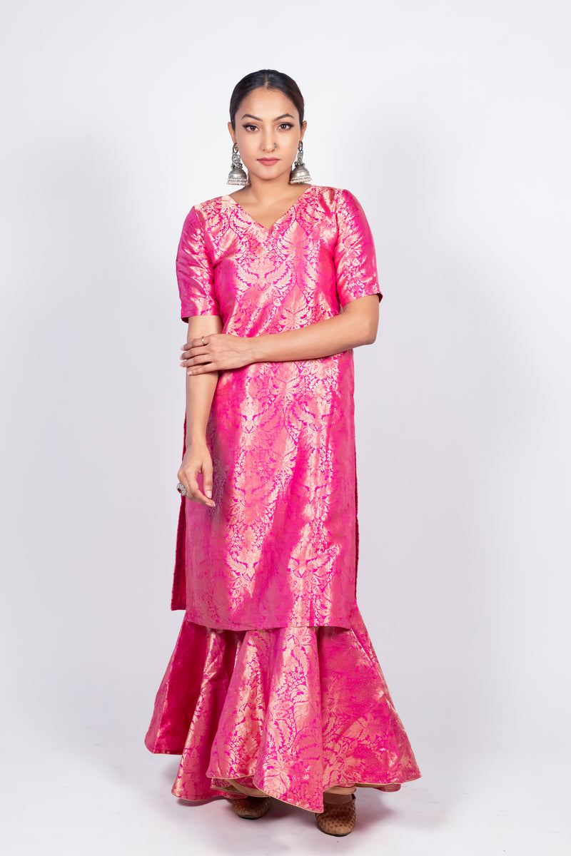 Hot Pink Pure Katan Silk Brocade Kurta with Sharara - The Handlooms