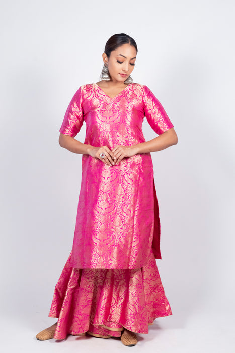 Hot Pink Pure Katan Silk Brocade Kurta with Sharara