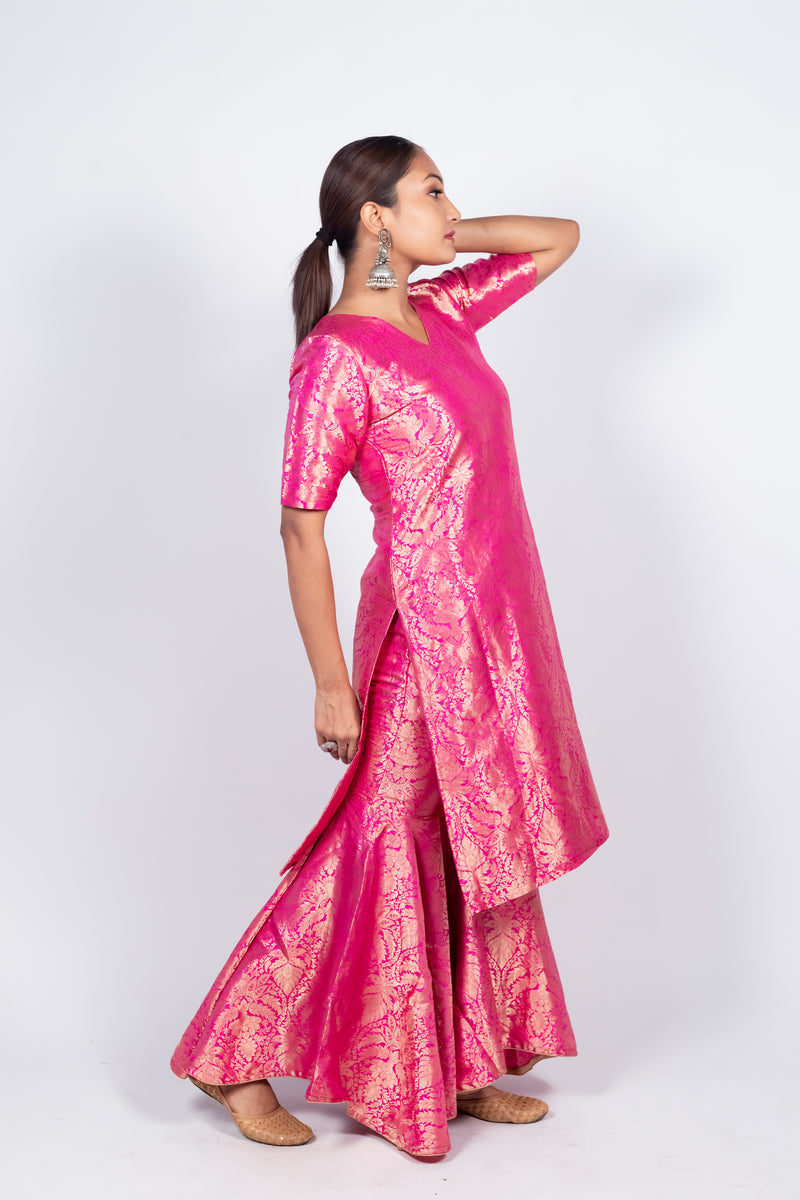 Hot Pink Pure Katan Silk Brocade Kurta with Sharara - The Handlooms