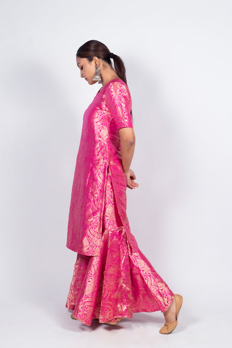 Hot Pink Pure Katan Silk Brocade Kurta with Sharara