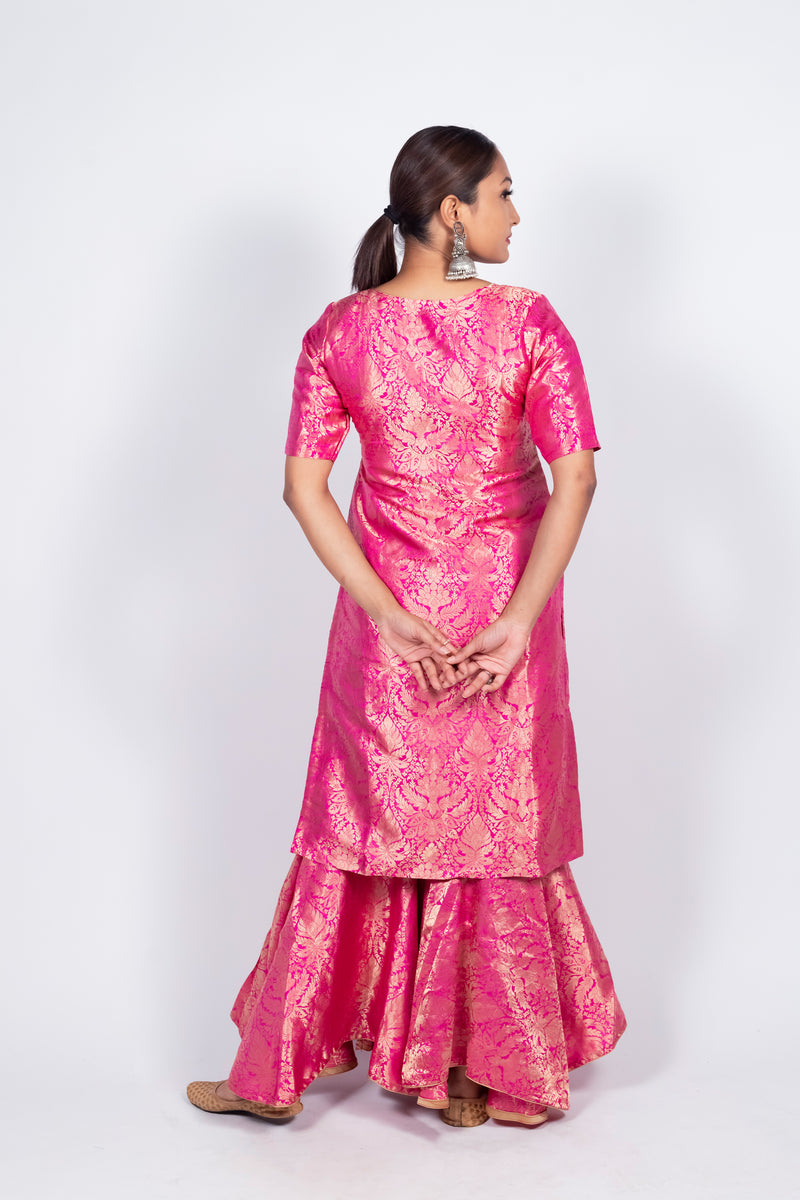 Hot Pink Pure Katan Silk Brocade Kurta with Sharara - The Handlooms