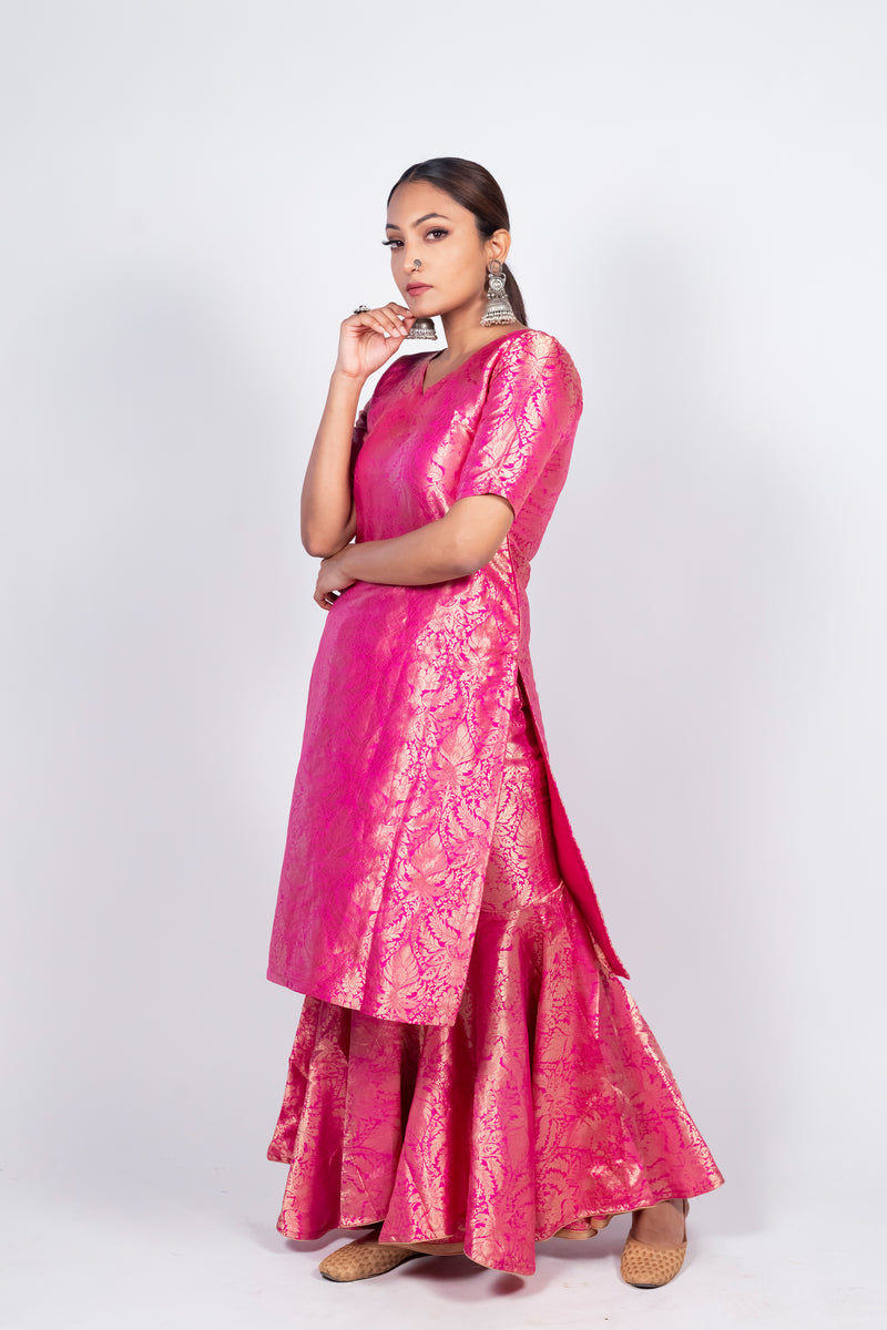 Hot Pink Pure Katan Silk Brocade Kurta with Sharara - The Handlooms
