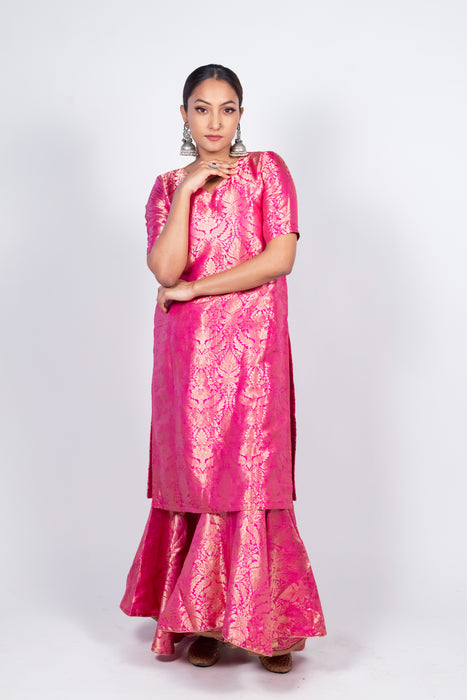 Hot Pink Pure Katan Silk Brocade Kurta with Sharara