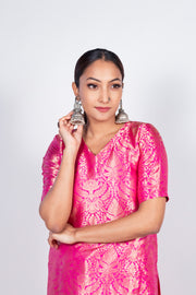 Hot Pink Pure Katan Silk Brocade Kurta with Sharara - The Handlooms