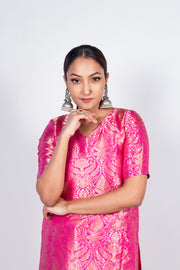 Hot Pink Pure Katan Silk Brocade Kurta with Sharara - The Handlooms