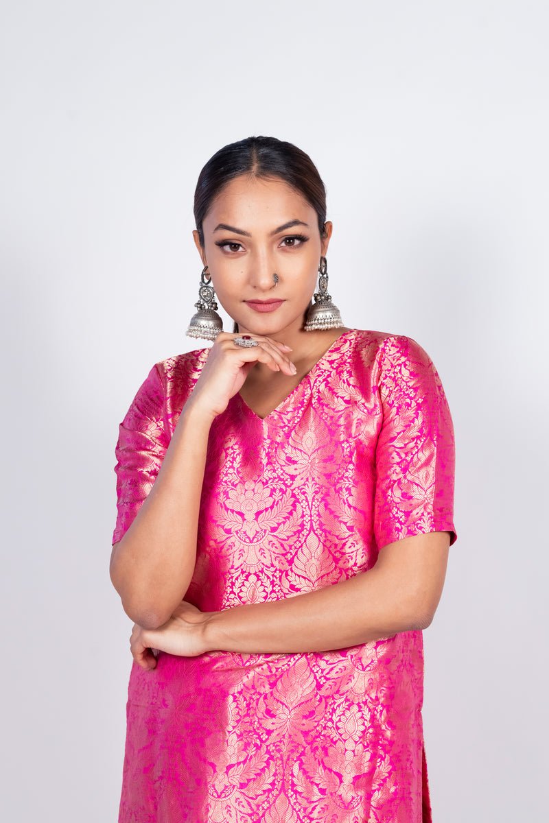 Hot Pink Pure Katan Silk Brocade Kurta with Sharara - The Handlooms