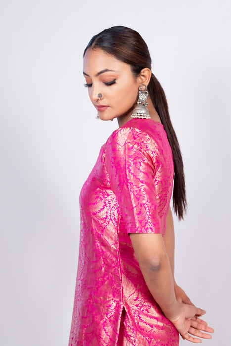 Hot Pink Pure Katan Silk Brocade Kurta with Sharara