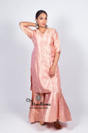 Onion Pink Pure Katan Silk Brocade Kurta with Sharara - The Handlooms