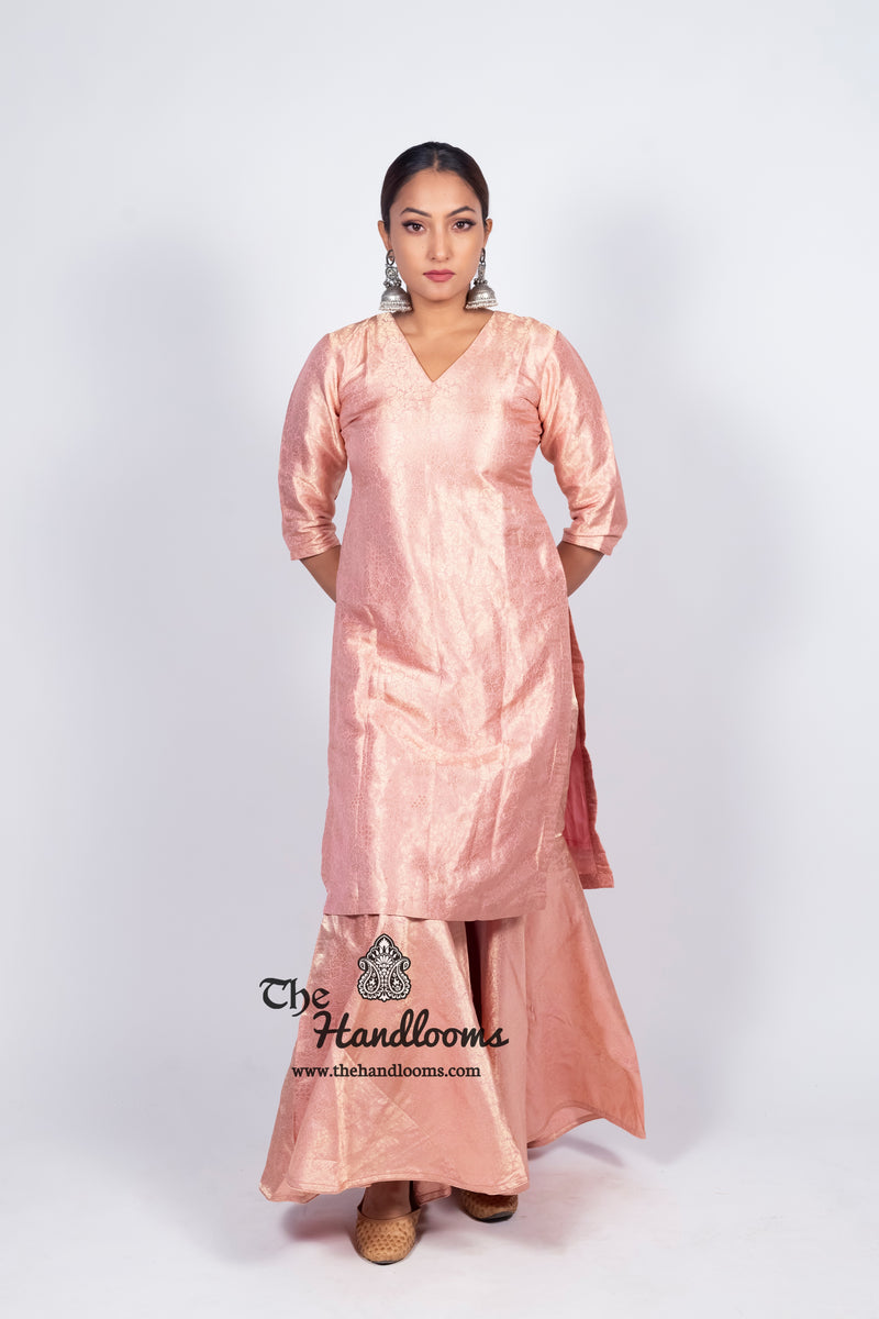 Onion Pink Pure Katan Silk Brocade Kurta with Sharara - The Handlooms