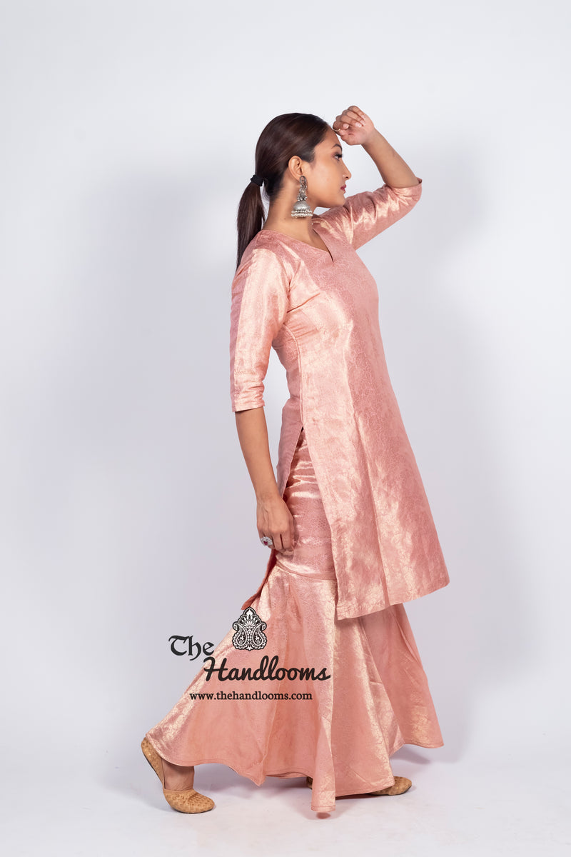 Onion Pink Pure Katan Silk Brocade Kurta with Sharara - The Handlooms