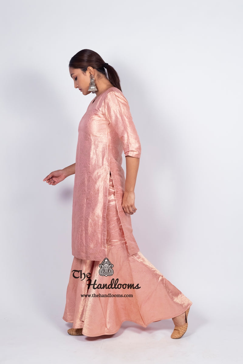Onion Pink Pure Katan Silk Brocade Kurta with Sharara - The Handlooms
