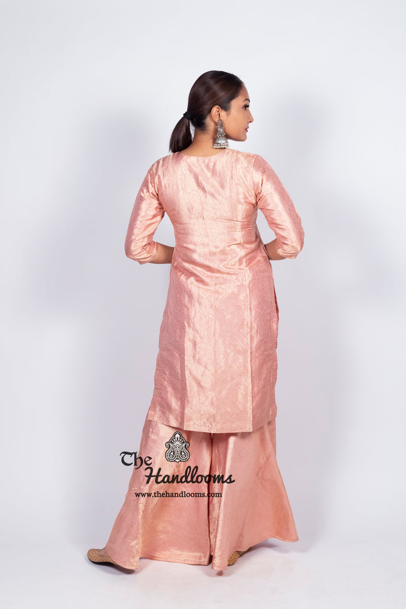 Onion Pink Pure Katan Silk Brocade Kurta with Sharara - The Handlooms