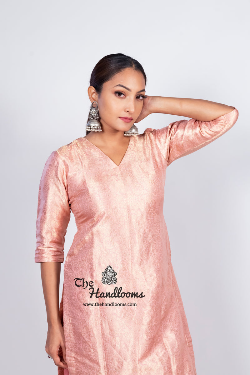 Onion Pink Pure Katan Silk Brocade Kurta with Sharara - The Handlooms