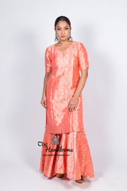 Strawberry Pure Katan Silk Brocade Kurta with Sharara - The Handlooms