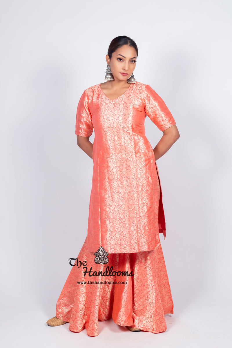 Strawberry Pure Katan Silk Brocade Kurta with Sharara - The Handlooms