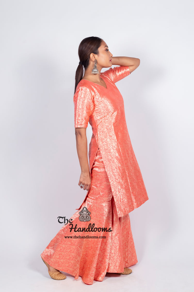 Strawberry Pure Katan Silk Brocade Kurta with Sharara - The Handlooms