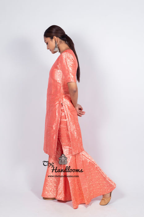 Strawberry Pure Katan Silk Brocade Kurta with Sharara