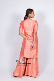 Strawberry Pure Katan Silk Brocade Kurta with Sharara - The Handlooms