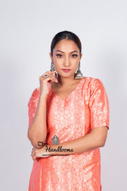 Strawberry Pure Katan Silk Brocade Kurta with Sharara - The Handlooms