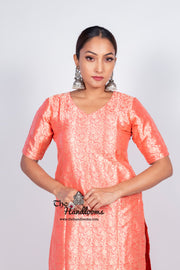 Strawberry Pure Katan Silk Brocade Kurta with Sharara - The Handlooms