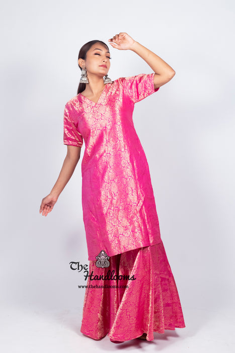 Hot Pink Pure Katan Silk Brocade Kurta with Sharara