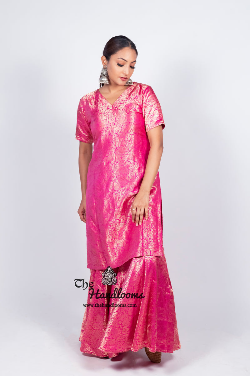 Hot Pink Pure Katan Silk Brocade Kurta with Sharara - The Handlooms