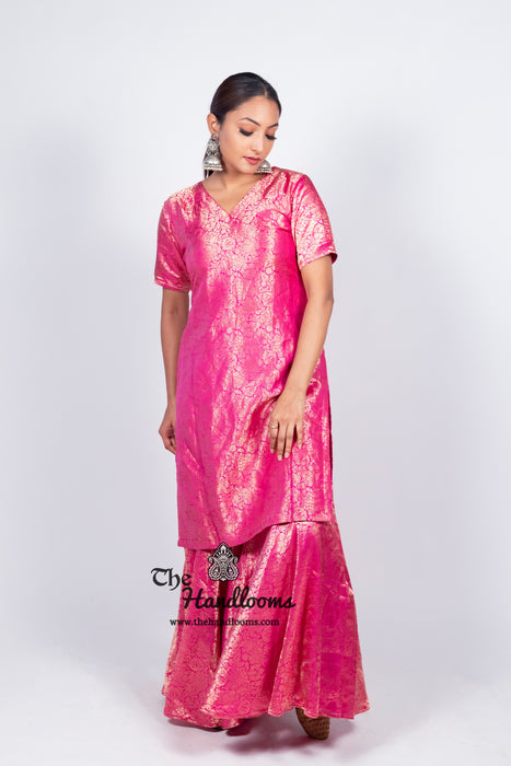 Hot Pink Pure Katan Silk Brocade Kurta with Sharara