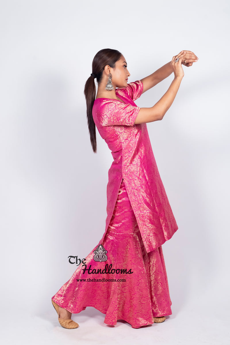 Hot Pink Pure Katan Silk Brocade Kurta with Sharara - The Handlooms