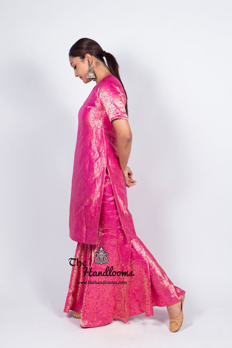 Hot Pink Pure Katan Silk Brocade Kurta with Sharara - The Handlooms