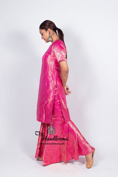 Hot Pink Pure Katan Silk Brocade Kurta with Sharara