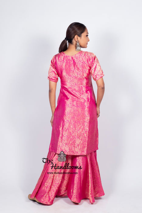 Hot Pink Pure Katan Silk Brocade Kurta with Sharara