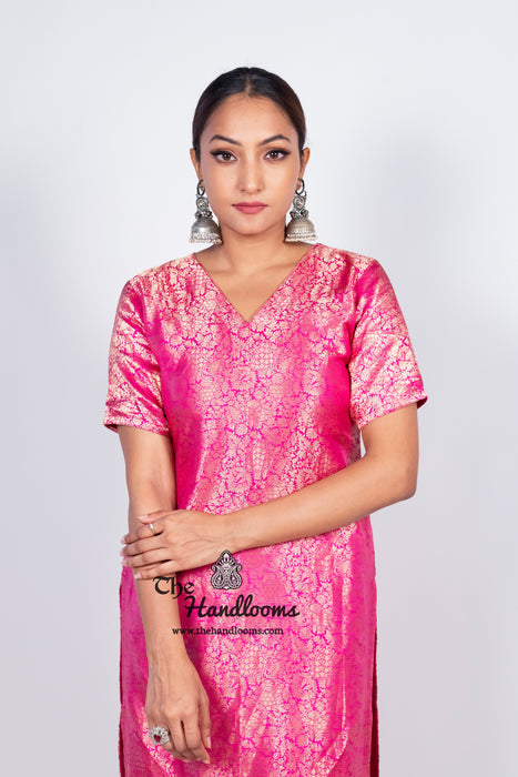 Hot Pink Pure Katan Silk Brocade Kurta with Sharara