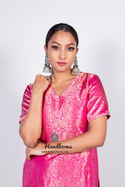 Hot Pink Pure Katan Silk Brocade Kurta with Sharara - The Handlooms