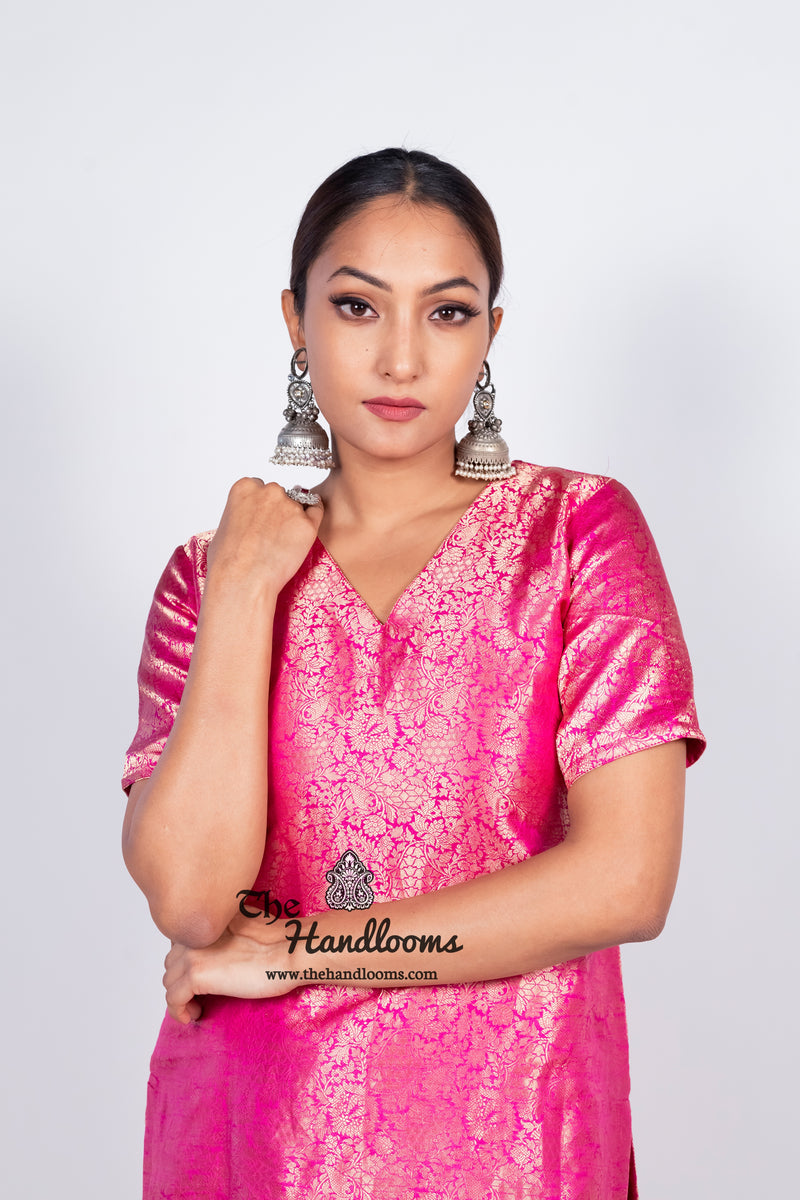 Hot Pink Pure Katan Silk Brocade Kurta with Sharara - The Handlooms