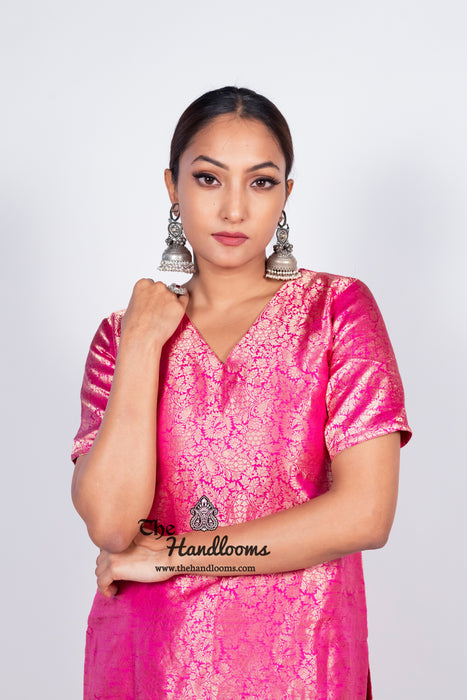 Hot Pink Pure Katan Silk Brocade Kurta with Sharara