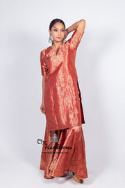 Red Pure Katan Silk Brocade Kurta with Sharara - The Handlooms